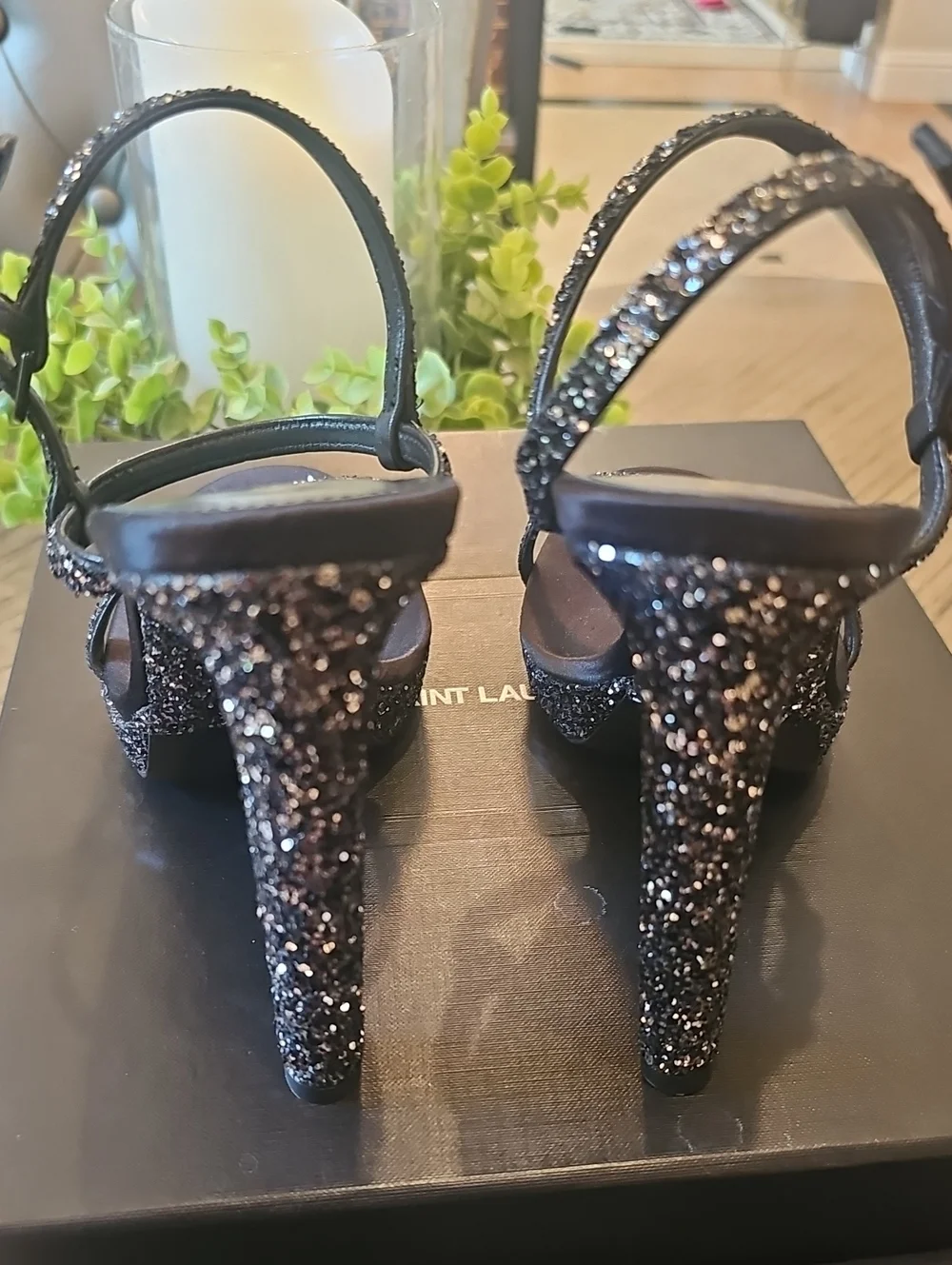 Saint Laurent Black Glitter Platform High Heel Sandals Size 38 NWT - Picture 4 of 15
